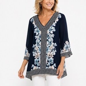 JM Collection Womens 2X Navy Blue Floral Sheer 3/4 Bell Sleeve Tunic Blouse